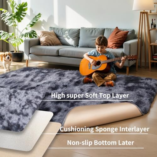 3x5 Thick Tie-dye Dark Grey Fluffy Shag Rug for Bedroom, Washable Carpet - Image 4
