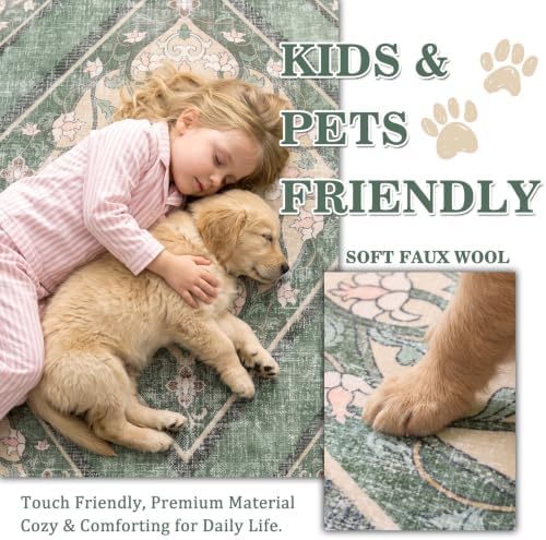 5x7Ft Boho Washable Rugs for Living Room, Green/Multi Thin Bedroom Area Rugs Non Slip, Moroccan Soft Kids Nusery Area Floor Carpets for Dining Room Playroom Kitchen Home Office Decor - Image 2