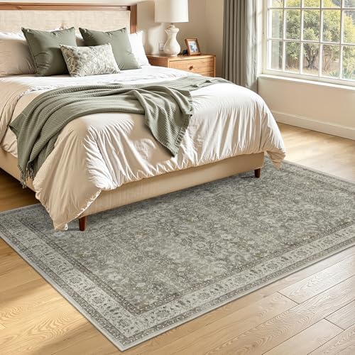 Neutral Gray 5x7 Area Rugs, Transitional Modern Faromhouse Print Rugs for Living Room Bedroom, Washable Non Slip Ultra Thin Carpet Rug for Dining Room Home Office, Soft French Gray/Beige/Olive - Image 3