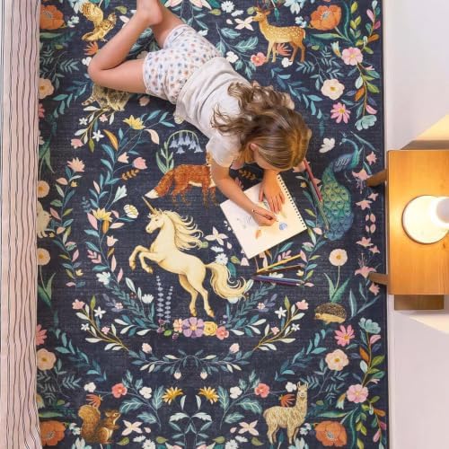 jinchan 6x9 Kids Rug Washable Unicorn Rug Playroom Nursery Mat, Navy Blue - Image 2