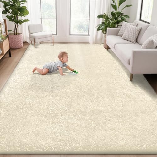 5x8 Area Rug for Living Room: Fluffy Shag Soft Washable Rugs Fuzzy Plush Indoor Carpet for Bedroom Nursery Playroom Dorm Kids Girls Boys Room (Cream White, 5'x8') by VECARF