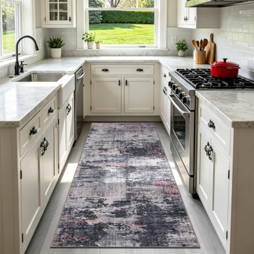 Sasttie 2x6 Runner Rug, Modern Abstract Hallway Carpet, Black & Pink by SASTTIE