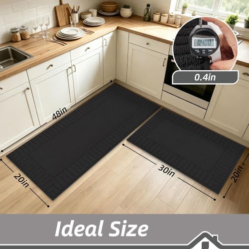 BEQHAUSE Kitchen Rugs Non Slip Washable 2PCS, 20"x30"+20"x48", Black - Image 2