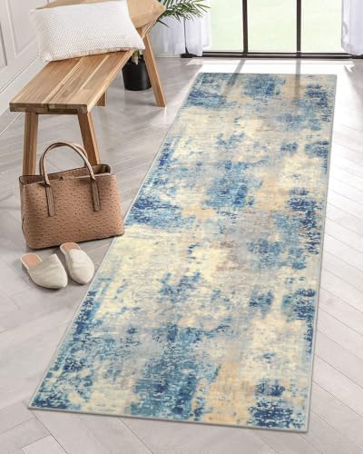 Lahome Modern Abstract Rug Runners for Hallways Non Slip, 2x7 Carpet Runner Rug for Kitchen Non Skid Washable, Soft Floor Mat for Bathroom Bedside Entrance RV, Blue/Yellow/Ivory - Image 2