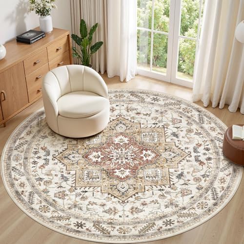 cotiled 8ft Round Living Room Area Rug, Washable, Traditional, Golden Taupe by COTILED