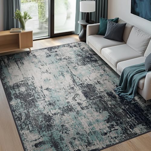 RELEANY Washable 7'x9' Abstract Area Rug for Living Room Teal Black by RELEANY
