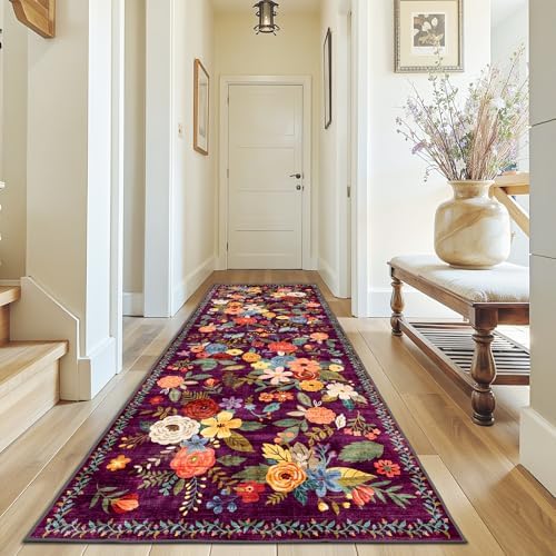 Purple Floral Hallway Runner Rug 3x7 for Bedroom Kitchen by WelcometoBabovid