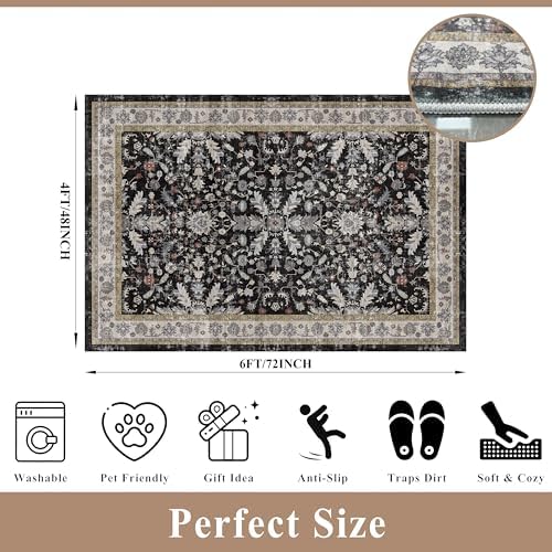 4x6 Kitchen Rug Non-Slip Washable – Boho Vintage Low-Pile Soft Area Carpet for Entryway, Bedroom, Living Room – Stain-Resistant Thin Indoor Rug for Families and Pet Owners (Black, 4x6) - Image 2