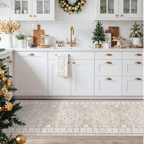 Hallway Washable Runner Rug - 2x10 Kitchen Rugs Entryway Rug Runner Vintage Soft Floor Mat Non Slip Indoor Farmhouse Carpet for Bathroom Living Room Bedroom (2 X 10, Beige) - Image 2