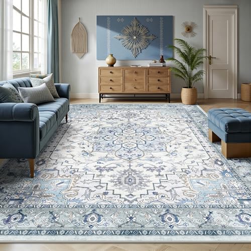 8x10 Area Rugs for Living Room - Washable Rug Vintage Distress Boho Medallion Rugs for Bedroom, Soft Non-Slip Backing Low Pile Carpet for Dining Room Office Nursery Home, Blue Grey Purple by Yarooge