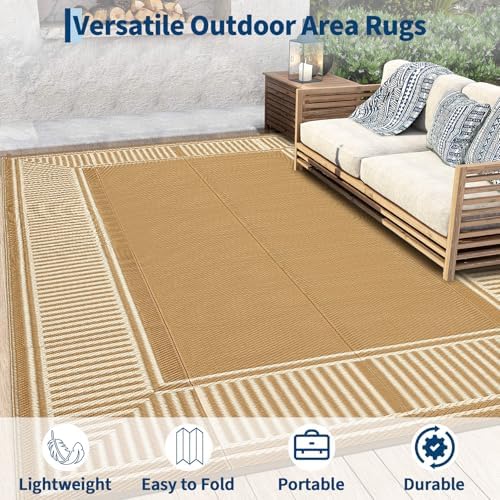 GAOMON Waterproof Outdoor Rug for Patios 9x12 Reversible Plastic Straw Area Rug, Indoor Outdoor Large RV Camping Carpet Mat for Picnic, Backyard, Deck, Balcony, Porch, Beach,Border-Beige - Image 3