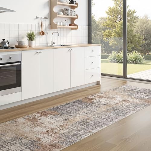 DMOYEST Washable Runner Rug for Hallway: 2.6x10 Neutral Modern Abstract Low Pile Area Rug with Non-Slip Backing - Carpet for Bedroom Kitchen Laundry Entryway Bathroom Indoor - Grey Brown - Image 5