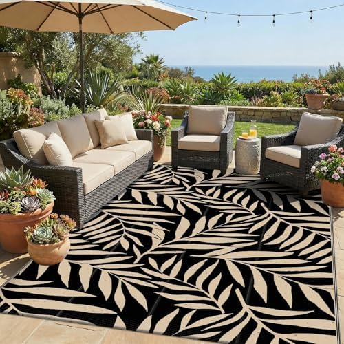 Smiry Outdoor Rug 5x8 ft Waterproof Reversible Leaf Mat, Black & Beige by Smiry