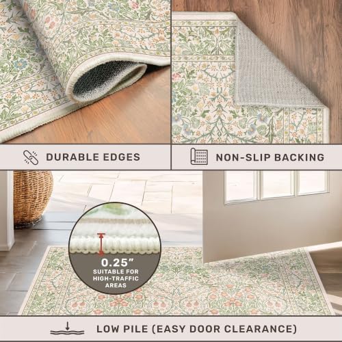 Hazo Haus Light Beige Green Floral Living Room Rug, 7x9 Washable Area Rug for Kids Room, Bedroom, Nursery Room, Living Room, Dining Room, Low Pile Non-Slip - Vintage Design & Stain Resistance - Image 5