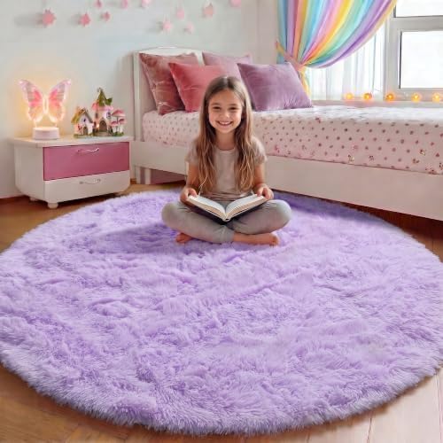 Light Purple Fluffy Round Rug Circle Area Rugs 4ft for Girls Kids Bedroom by ONASAR