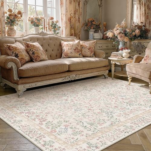 PureCozy 4x6 Pink Floral Small Area Rug Vintage Farmhouse Style by PureCozy