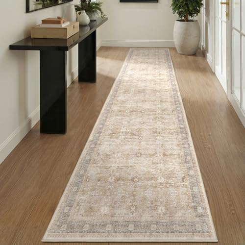 Beige 2x10 Rug Runners for Hallways Non Slip, Long Kitchen Runner Rugs Non Skid Washable, Vintage Farmhouse Neutral Low Pile Thine Carpet Runners for Entryway Corridor Mudroom Foyer by Jainmy