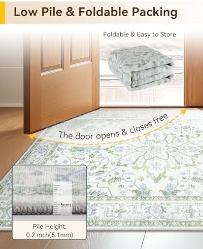 RELEANY Washable Area Rug, Round 6ft, Green/White/Blue - Image 4