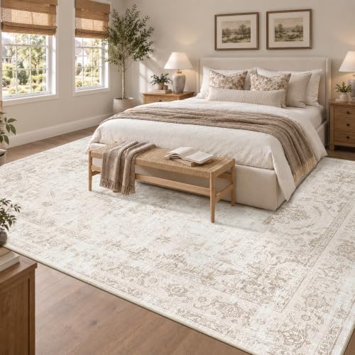 Washable 9x12 Dorm Area Rug Soft Medallion Neutral Beige Large Carpet - Image 2