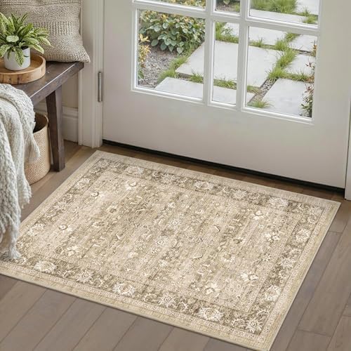 2x3 Washable Entryway Area Rug Non-Slip Distressed Khaki Door Mat by HOME
