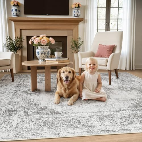 Area Rug 4x6 Vintage Rugs: Washable Indoor Medallion Rug Low Pile Distressed Floor Carpet Retro Accent Rugs for Living Room Bedroom Kitchen Dining Table Home Office(Grey, 4'x6') - Image 4