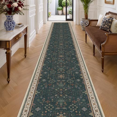 Hazo Haus Washable 3x20 Dark Green Hallway Runner Rug - Modern Vintage Boho Long Wide Runner Rugs for Kitchen, Eclectic Floral with Brown Accent, Low Pile Stain Resistant by HazoHaus