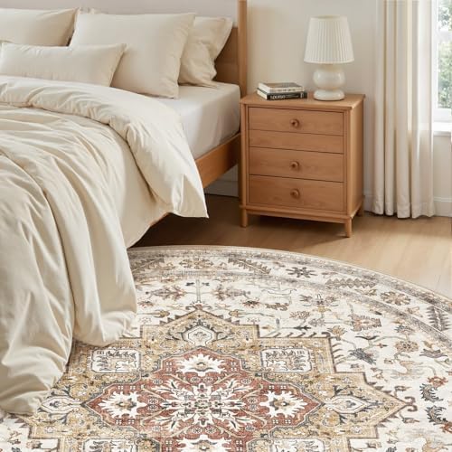 cotiled 8ft Round Living Room Area Rug, Washable, Traditional, Golden Taupe - Image 6