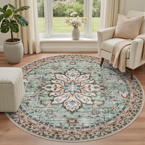 Round Area Rug for Living Room: 6ft Boho Washable Rug Brown Green - Image 2