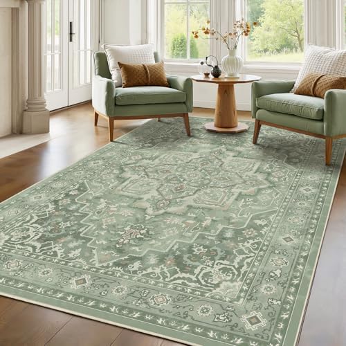 Soft Sage Green 5x8 Area Rugs for Living Room, Cozy Cottagecore Dining Room Rug Washable Non Slip, Modern Vintage Medallion Low Pile Thin Carpet Rugs for Den/Bedroom/Foyer/Home Office by Jainmy