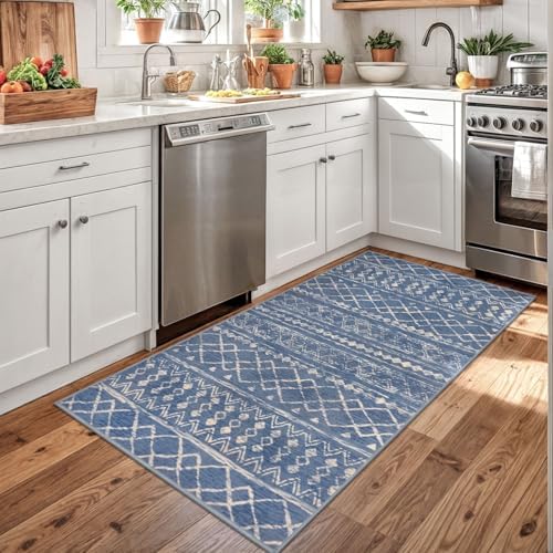 KUTA 3x5 Boho Area Rug for Living Room Blue Beige Washable Entry Rugs - Image 3