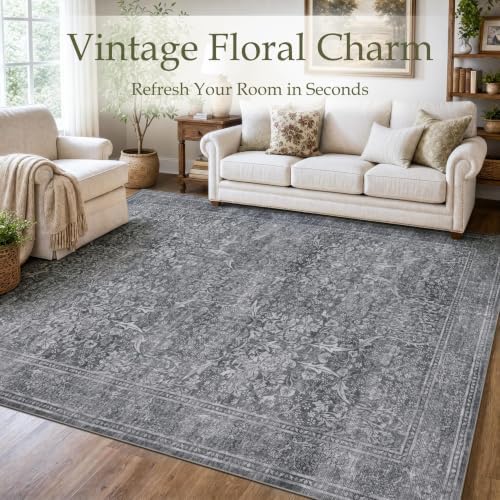 JOLLYVOGUE 3x5 Washable Rug, Vintage Floral Area Rug, Grey - Image 2