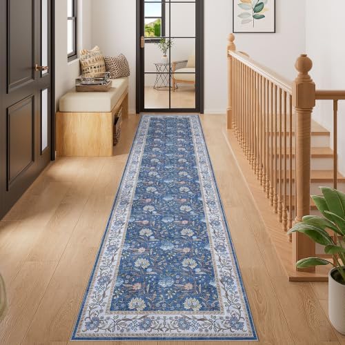 DUKINO 2x8 Runner Rug, Washable Vintage Floral Kitchen Rugs, Sky Blue - Image 3