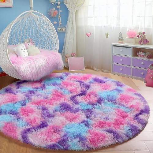 PAGISOFE Rainbow Purple Round Rug for Bedroom Girls 6Ft, Fluffy Cute Colorful Pastel Princess Carpet, Shaggy Girls Rug for Kids Room, Fuzzy Playroom Nursery Dorm Rugs, Hot Pink Purple Kids Room Decor - Image 2