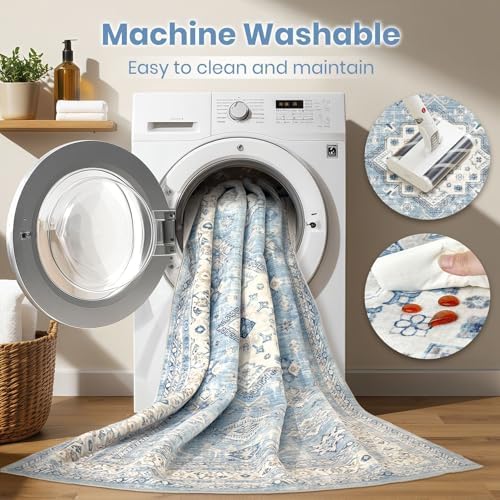cotiled 5x7 Area Rug for Living Room, Washable, Traditional, Blue - Image 3