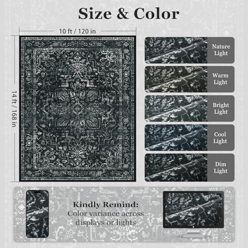 Black White Large 10x14 Area Rugs, Washable Non Slip Big Rug for Living Room Bedroom, Distressed Medallion Vintage Dark Big Carpet Rugs for Dinig Room Family Rooms, Low Pile Thin - Image 2