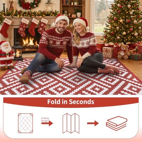 GENIMO Outdoor Rug, Waterproof Plastic Rugs for Patio, 6'x9' Red White - Image 3