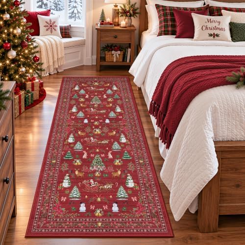Christmas Runner Rug 2x6 Red Washable Rugs for Hallway, Soft Non-Slip Low Pile Christmas Tree Santa Claus Snowman Carpet for Kitchen Entryway Bedroom Kids Nursery Holiday Throw Home Decor(Santa Claus) - Image 4