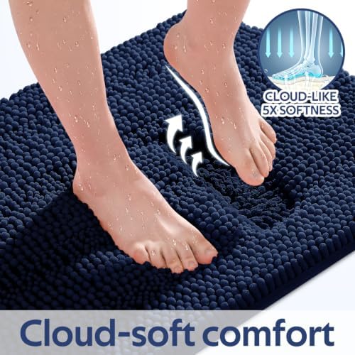 ACCUMTEK Striped Navy Blue Bathroom Rug Mat Set 2 piece 32"x20"+24"x17" Ultra Soft, Non Slip Chenille Bath Rugs, Absorbent Plush Shaggy Bath Mats for Bathroom, Bedroom, Kitchen, Shower, Tub - Image 4