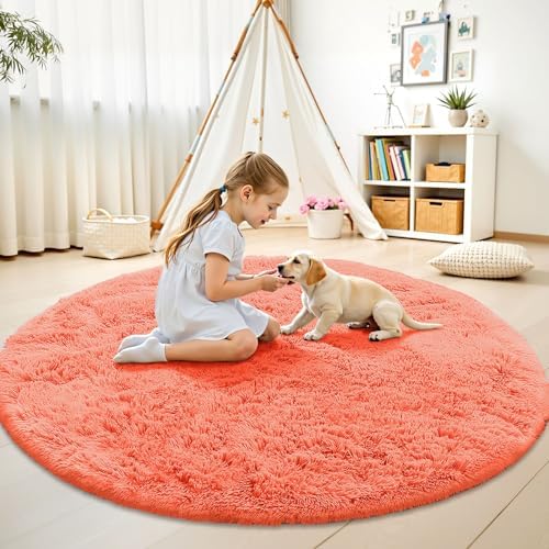 OLANLY Coral Red Round Rugs for Bedroom - Machine Washable, 9 ft Circle Area Rugs for Living Room, Soft and Fluffy Shaggy Carpet for Teen Girl and Boys, Nursery Rooms, Dorms, Home Decor Aesthetic - Image 2