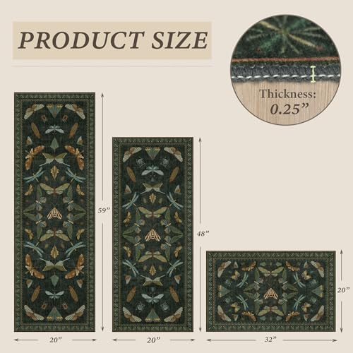 JTJ Vintage Insect Kitchen Rug Set of 3, Dark Green Washable Mats - Image 2