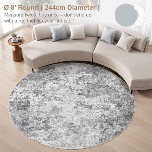 UERMEI 8ft Round Area Rug Living Room Rugs - 8x8 Washable Neutral Modern Abstract Soft Thin Rug Indoor Floor No Slip Rug Carpet for Bedroom Under Dining Table Home Office Decor - Grey - Image 4