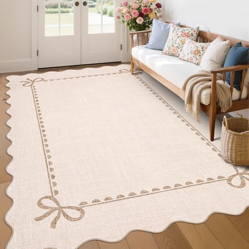 GarveeHome Scalloped Bow Rug 6x9 Washable Beige Rug for Bedroom Living Room by GarveeHome