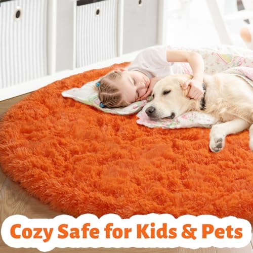 Amdrebio Orange Large Round Shaggy Area Rug 6Ft for Bedroom Living Room - Image 2