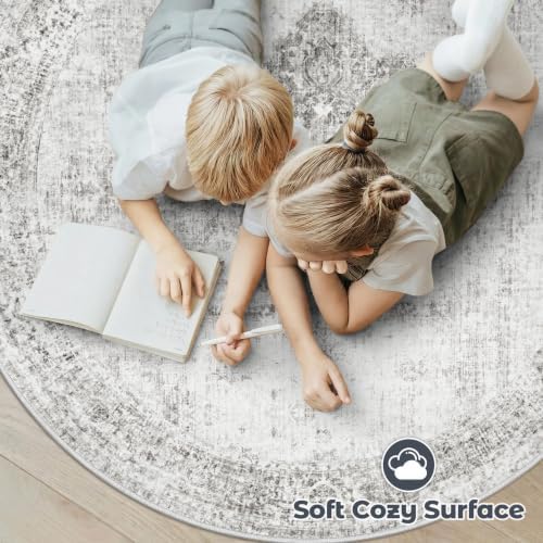 Round Rugs 6ft Washable Rug, Vintage Boho Medallion Rugs Non-Slip Soft Low Pile Circle Distressed Rug Indoor Retro Carpet for Living Room Bedroom Dining Room Home Office (Grey, 6' Round) - Image 5