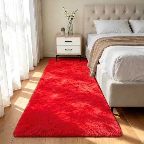 Shag Runner Rug for Bedroom Living Room 3x7 Upgrade Non-Slip Fluffy Soft Bedside Rugs,Red Shaggy Carpet for Livingroom Dorm Home Decor Aesthetic by Boshengya