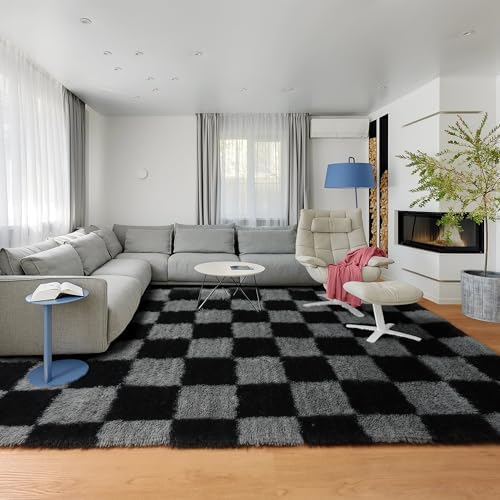 KICMOR 8x10 Area Rugs for Living Room, Large Fluffy Soft Black and Grey Checkered Shag Shaggy Bedroom Carpet, Big Fuzzy Plush Floor Rug for Kids Boys Girls Room Dorm Nursery Home Decor Aesthetic - Image 5