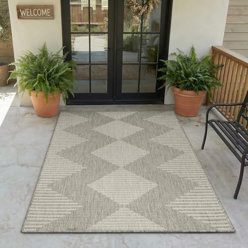 MontVoo-3x5 Outdoor Rug Porch Entryway Rug-Polypropylene Indoor Outdoor Rugs for Entryway Kitchen Balcony Patio, Textured Weave, Durable, Fade-Resistant, Non-Shedding, Boho Geometric Neutral Grey by MontVoo