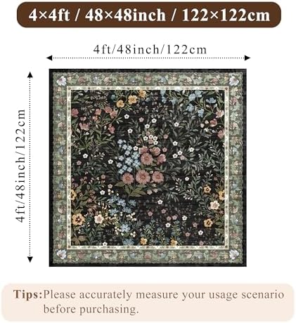 4x4 Square Entry Rug Entryway Foyer: Non-Slip Floral Washable Rugs for Living Room Indoor Floor Kitchen Bedroom - Soft Thin Doormat Carpet Boho Vintage Home Decor (4ft Square, Black) - Image 2