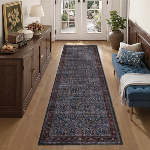 Washable Hallway Runner Rug 2'x7', Vintage Old Money, Dark Blue by Jainmy