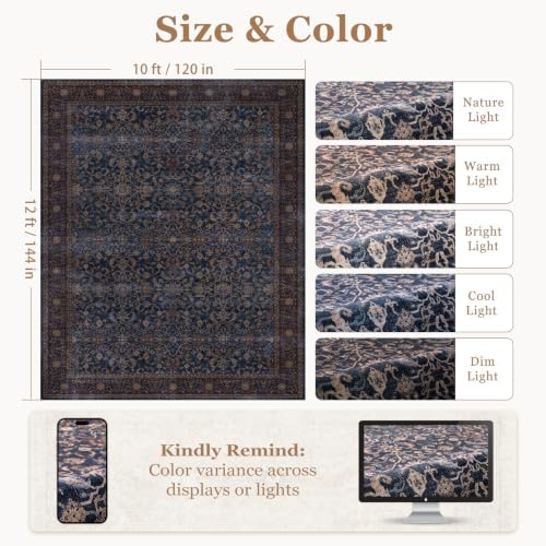 Washable Area Rug 10'x12' Living Room, Vintage Old Money, Dark Blue - Image 2